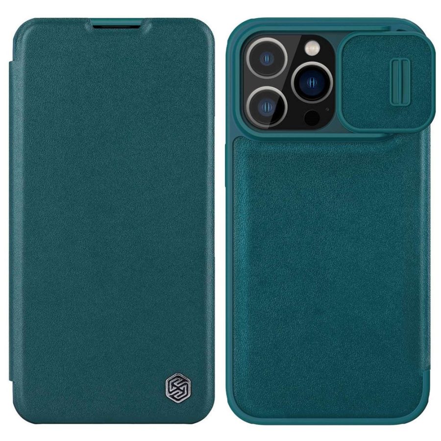 660105647D-1 NILLKIN Qin Pro Series for iPhone 14 Pro Anti-scratch Phone Case PU Leather Back Cover with Card Slot and Sliding Lens Protector