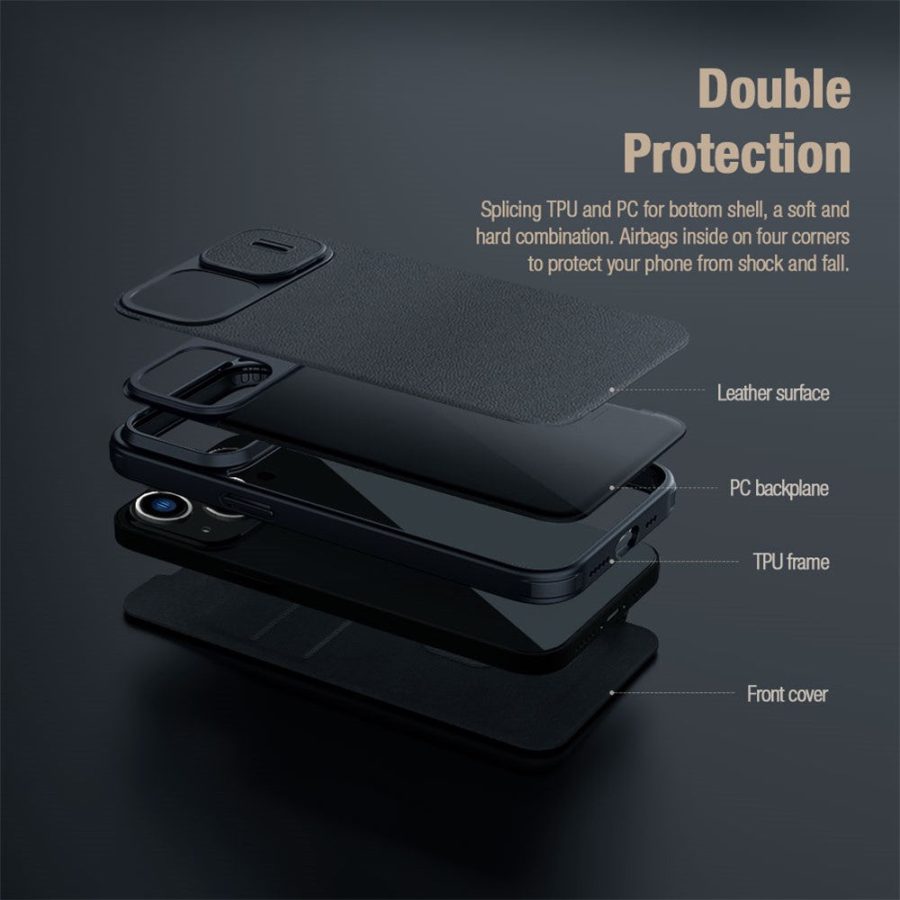 660110447D-5 NILLKIN Qin Pro Series for iPhone 14 / iPhone 13 Full Protection Phone Case with Sliding Lens Cover PU Leather Phone Shell Card Holder