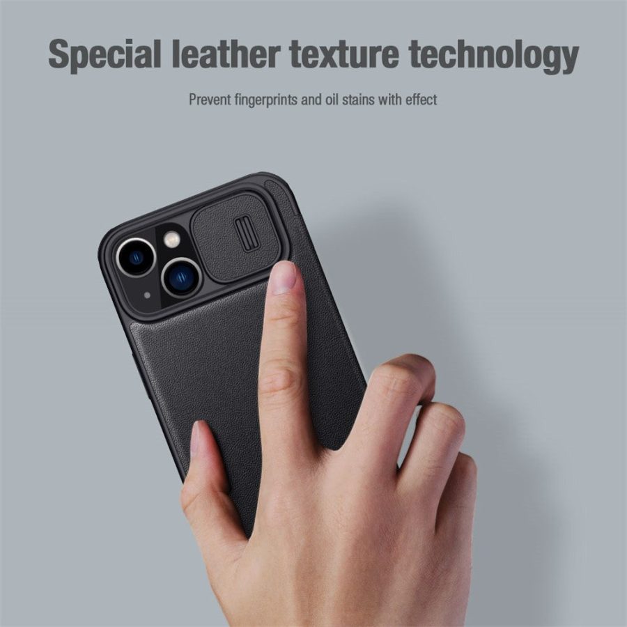 660110447D-6 NILLKIN Qin Pro Series for iPhone 14 / iPhone 13 Full Protection Phone Case with Sliding Lens Cover PU Leather Phone Shell Card Holder