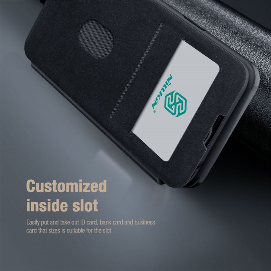 660110447D-8 NILLKIN Qin Pro Series for iPhone 14 / iPhone 13 Full Protection Phone Case with Sliding Lens Cover PU Leather Phone Shell Card Holder