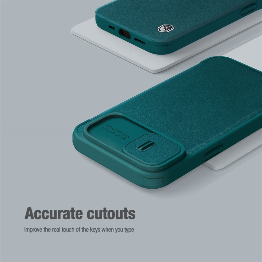 660110447D-9 NILLKIN Qin Pro Series for iPhone 14 / iPhone 13 Full Protection Phone Case with Sliding Lens Cover PU Leather Phone Shell Card Holder