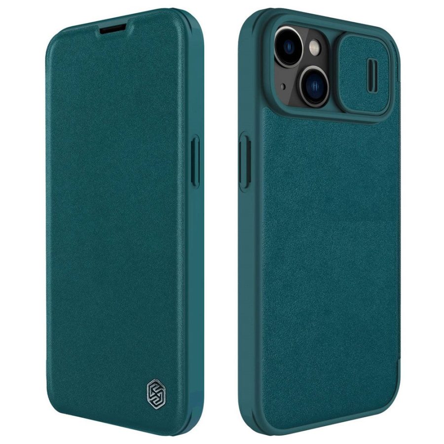 NILLKIN Qin Pro Series for iPhone 14 Plus Cloth Texture Phone Case with Sliding Lens Protection Cover PU Leather Anti-scratch Shell Card Holder