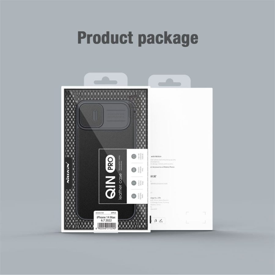 NILLKIN Qin Pro Series for iPhone 14 Plus Cloth Texture Phone Case with Sliding Lens Protection Cover PU Leather Anti-scratch Shell Card Holder
