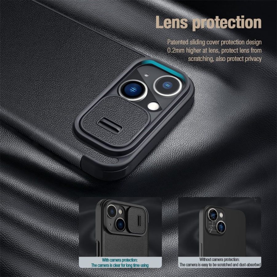 NILLKIN Qin Pro Series for iPhone 14 Plus Cloth Texture Phone Case with Sliding Lens Protection Cover PU Leather Anti-scratch Shell Card Holder