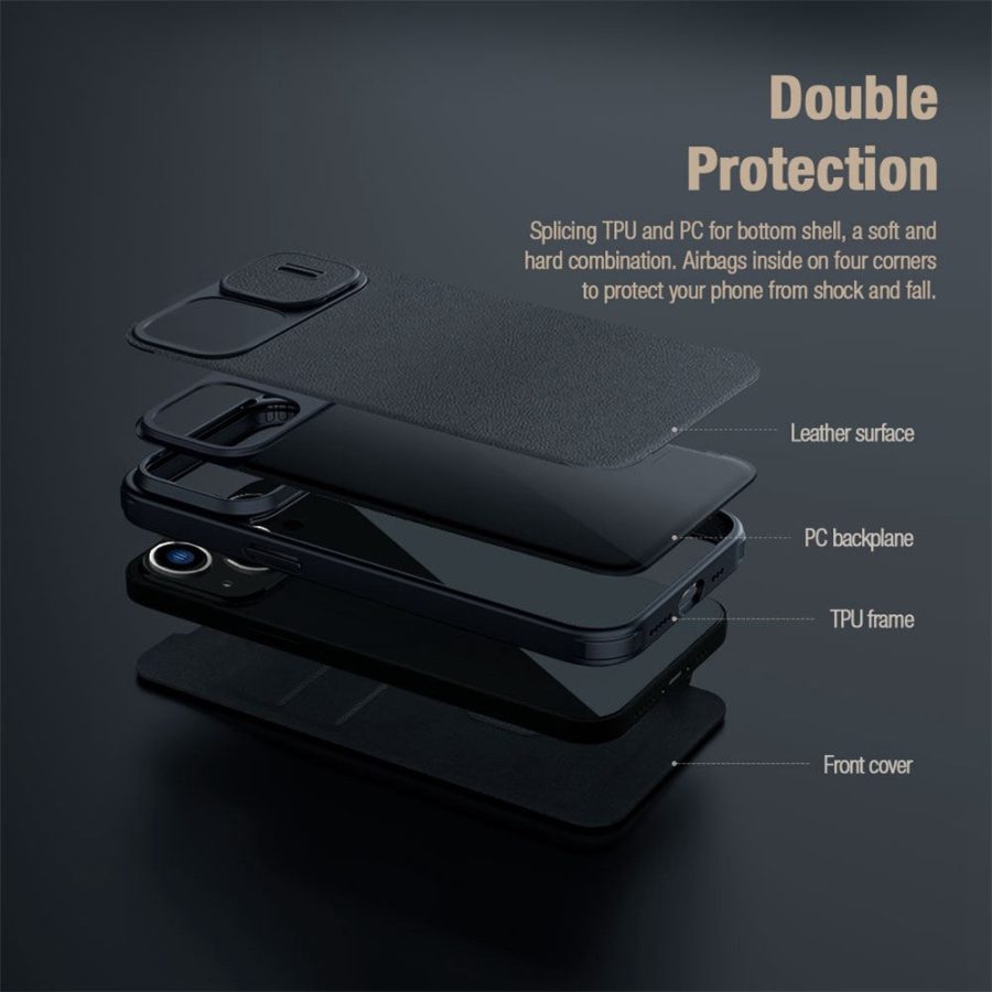 NILLKIN Qin Pro Series for iPhone 14 Plus Cloth Texture Phone Case with Sliding Lens Protection Cover PU Leather Anti-scratch Shell Card Holder