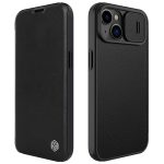 NILLKIN Qin Pro Series for iPhone 14 Plus Cloth Texture Phone Case with Sliding Lens Protection Cover PU Leather Anti-scratch Shell Card Holder