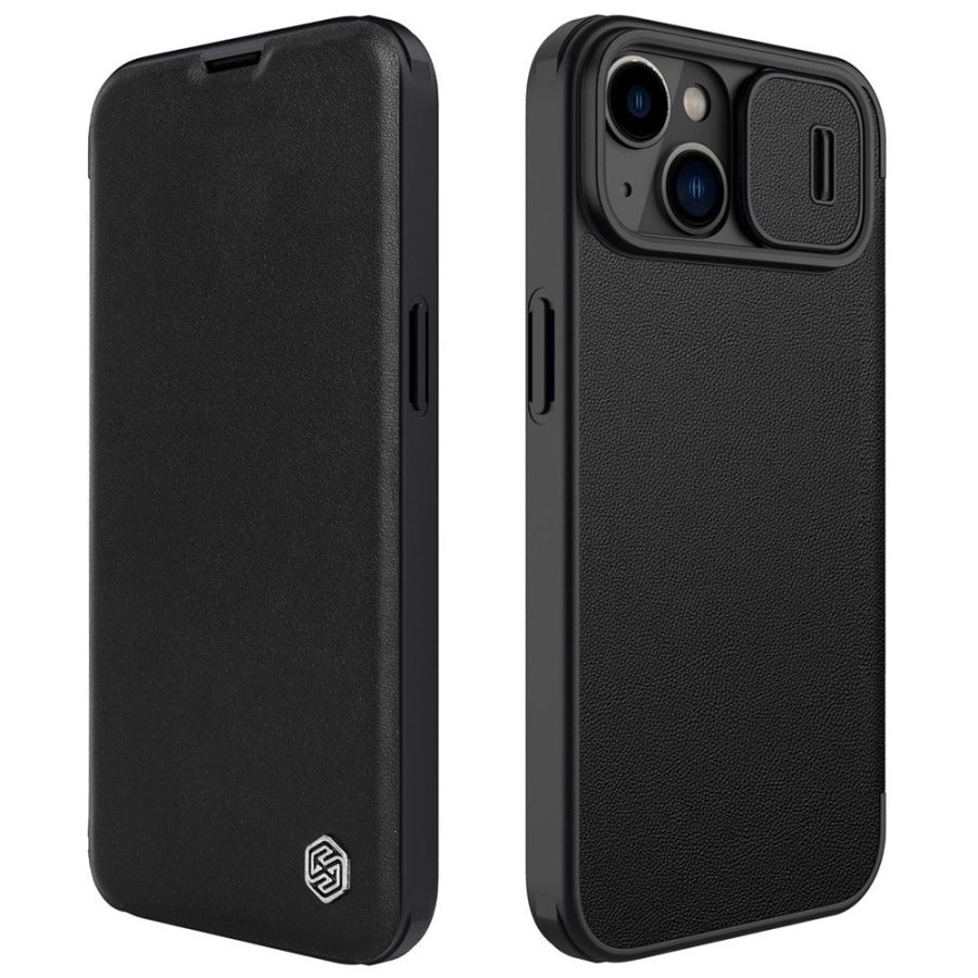 NILLKIN Qin Pro Series for iPhone 14 Plus Cloth Texture Phone Case with Sliding Lens Protection Cover PU Leather Anti-scratch Shell Card Holder