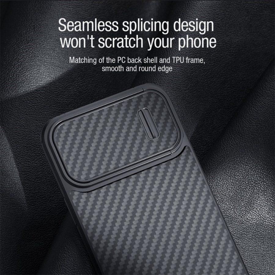 NILLKIN For iPhone 14 Plus Carbon Fiber Phone Case Anti-drop PC - TPU Cover with Slide Camera Protection