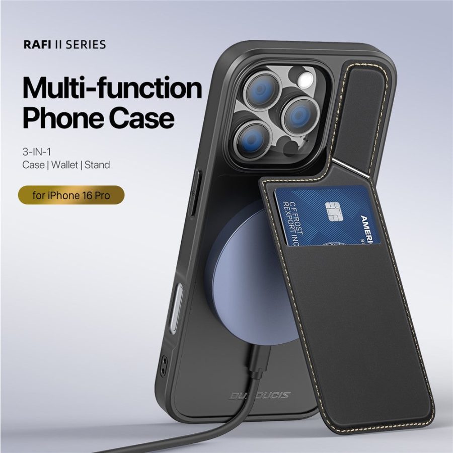 6601110668A-4 DUX DUCIS Rafi II Series for iPhone 16 Pro Magnetic Case Kickstand Card Slots Leather - TPU Phone Cover