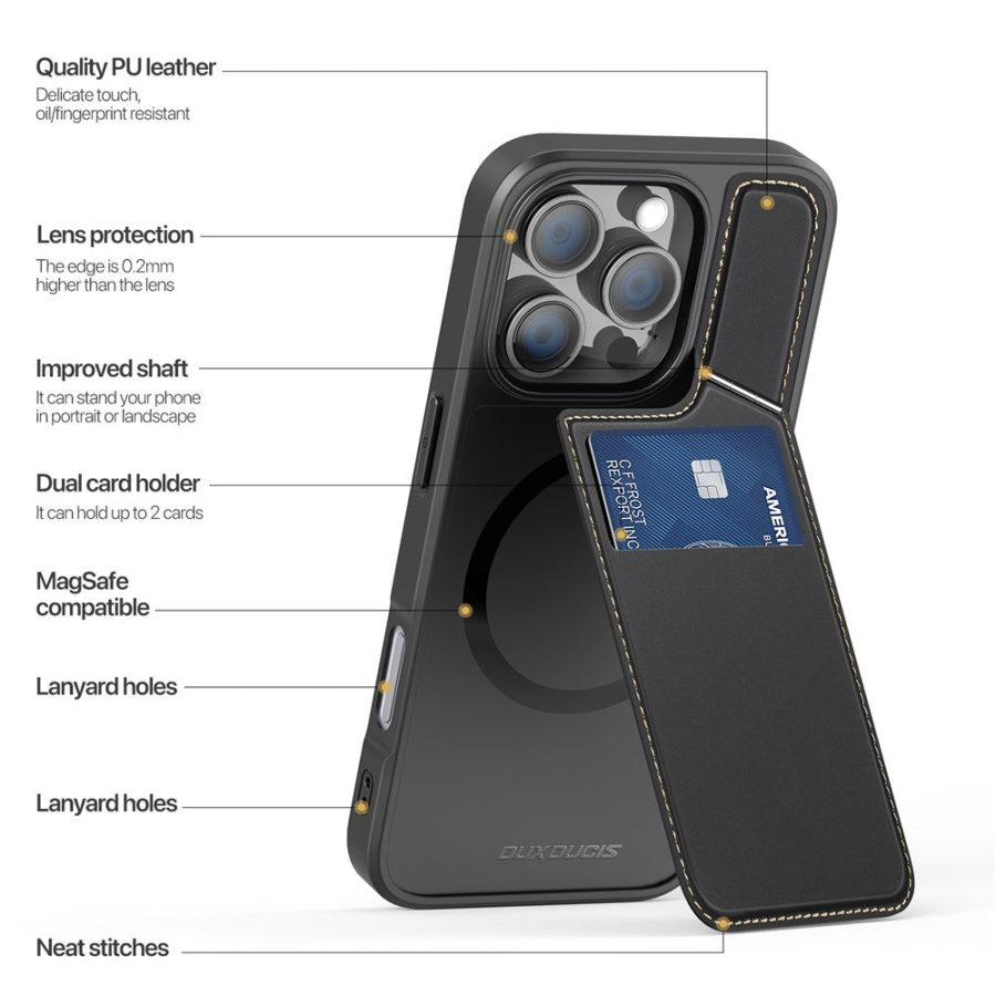 6601110668A-5 DUX DUCIS Rafi II Series for iPhone 16 Pro Magnetic Case Kickstand Card Slots Leather - TPU Phone Cover