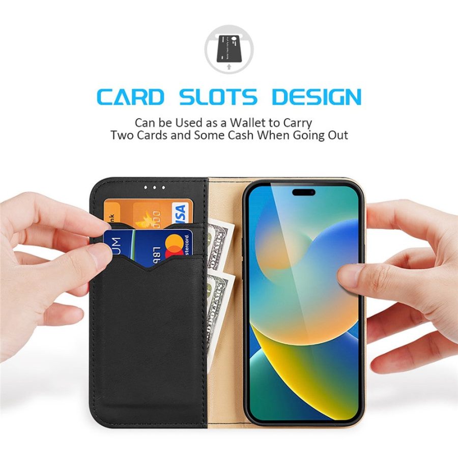 660111156A-2 DUX DUCIS Hivo Series Phone Case for iPhone 14 Pro Full Protection Genuine Leather Folio Flip Wallet Cover Stand RFID Blocking Shell