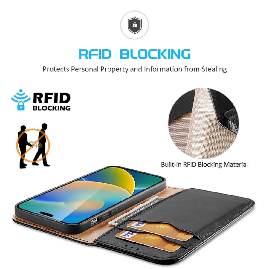 660111156A-4 DUX DUCIS Hivo Series Phone Case for iPhone 14 Pro Full Protection Genuine Leather Folio Flip Wallet Cover Stand RFID Blocking Shell