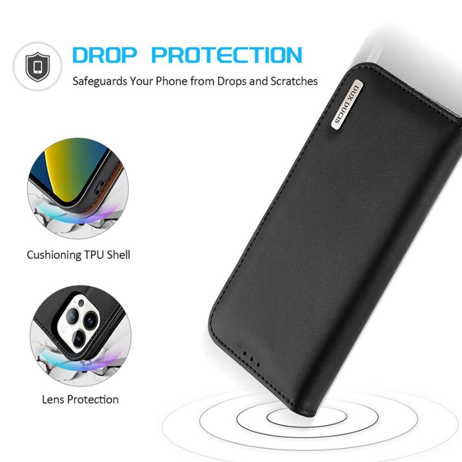 660111156A-5 DUX DUCIS Hivo Series Phone Case for iPhone 14 Pro Full Protection Genuine Leather Folio Flip Wallet Cover Stand RFID Blocking Shell