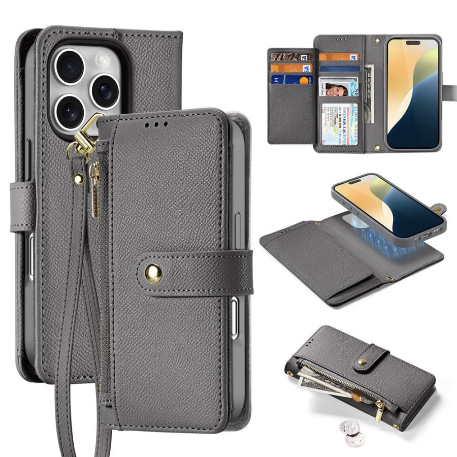 DUX DUCIS Lawa Series for iPhone 16 Pro Magnetic Case Zipper Wallet Detachable Cowhide Leather Cover