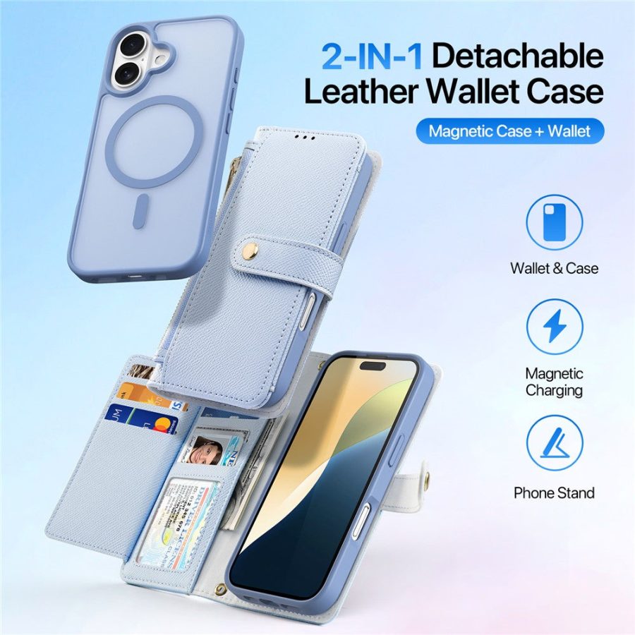 6601113837A-4 DUX DUCIS Lawa Series for iPhone 16 Magnetic Case Detachable Zipper Wallet Cowhide Leather Cover