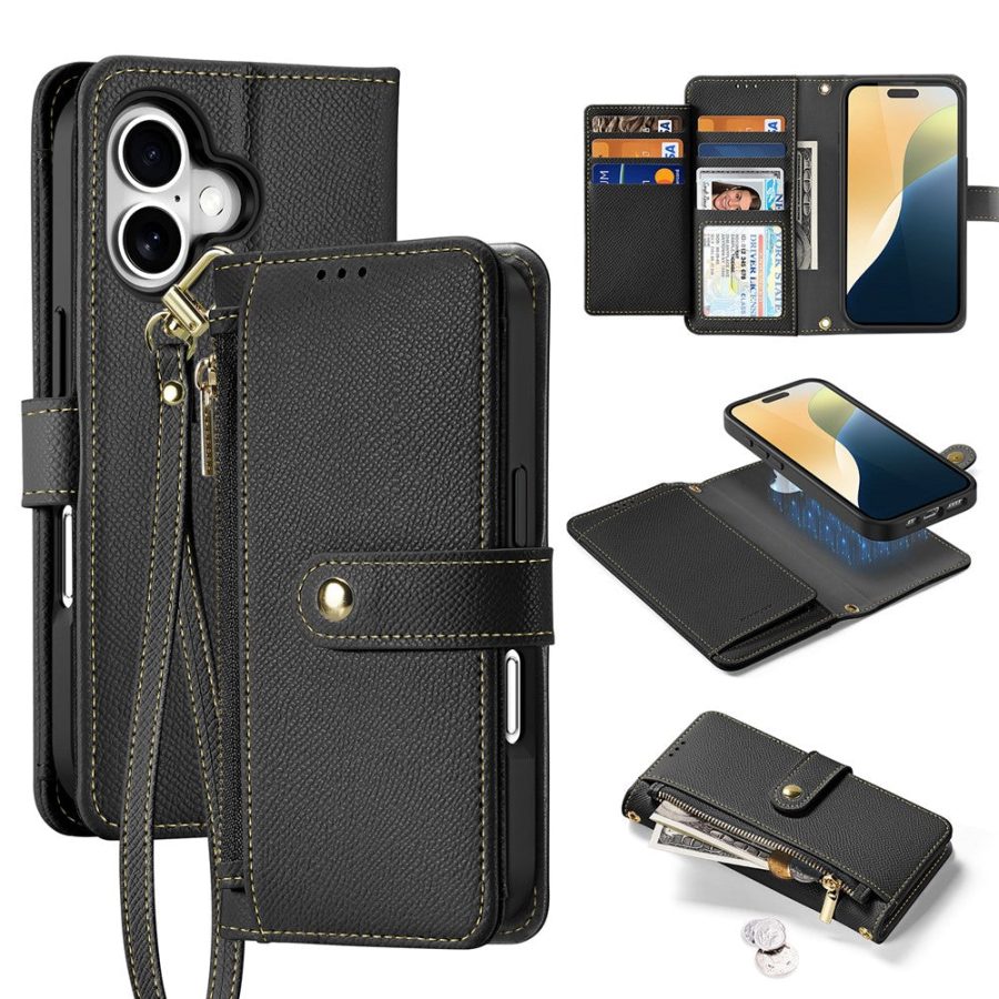 6601113837B-1 DUX DUCIS Lawa Series for iPhone 16 Magnetic Case Detachable Zipper Wallet Cowhide Leather Cover