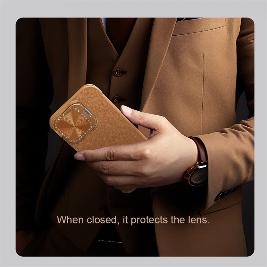 6601117785A-10 NILLKIN Qin Prop Series for iPhone 16 Leather Case Lens Kickstand Phone Cover