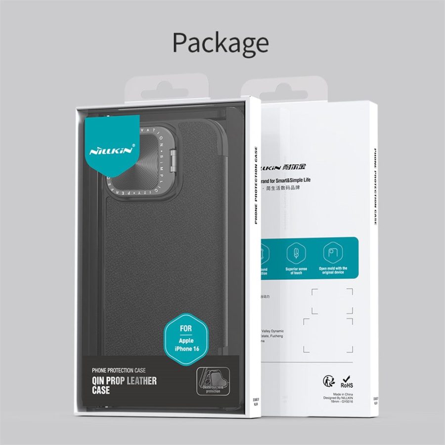 6601117785A-12 NILLKIN Qin Prop Series for iPhone 16 Leather Case Lens Kickstand Phone Cover