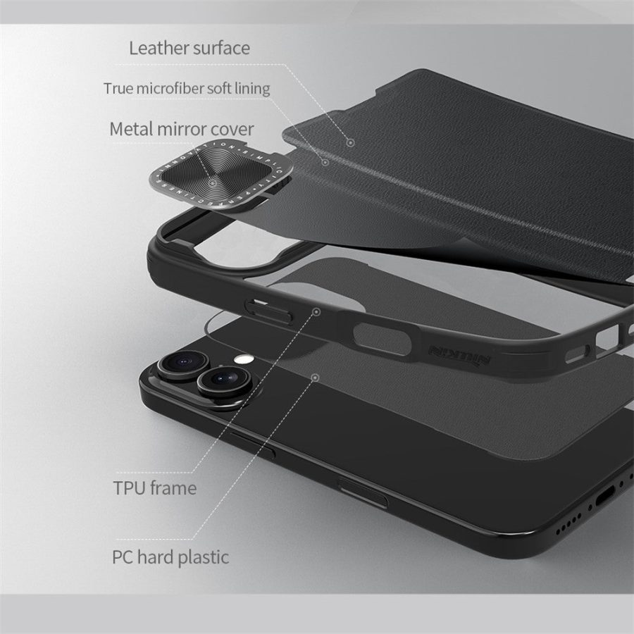 6601117785A-8 NILLKIN Qin Prop Series for iPhone 16 Leather Case Lens Kickstand Phone Cover