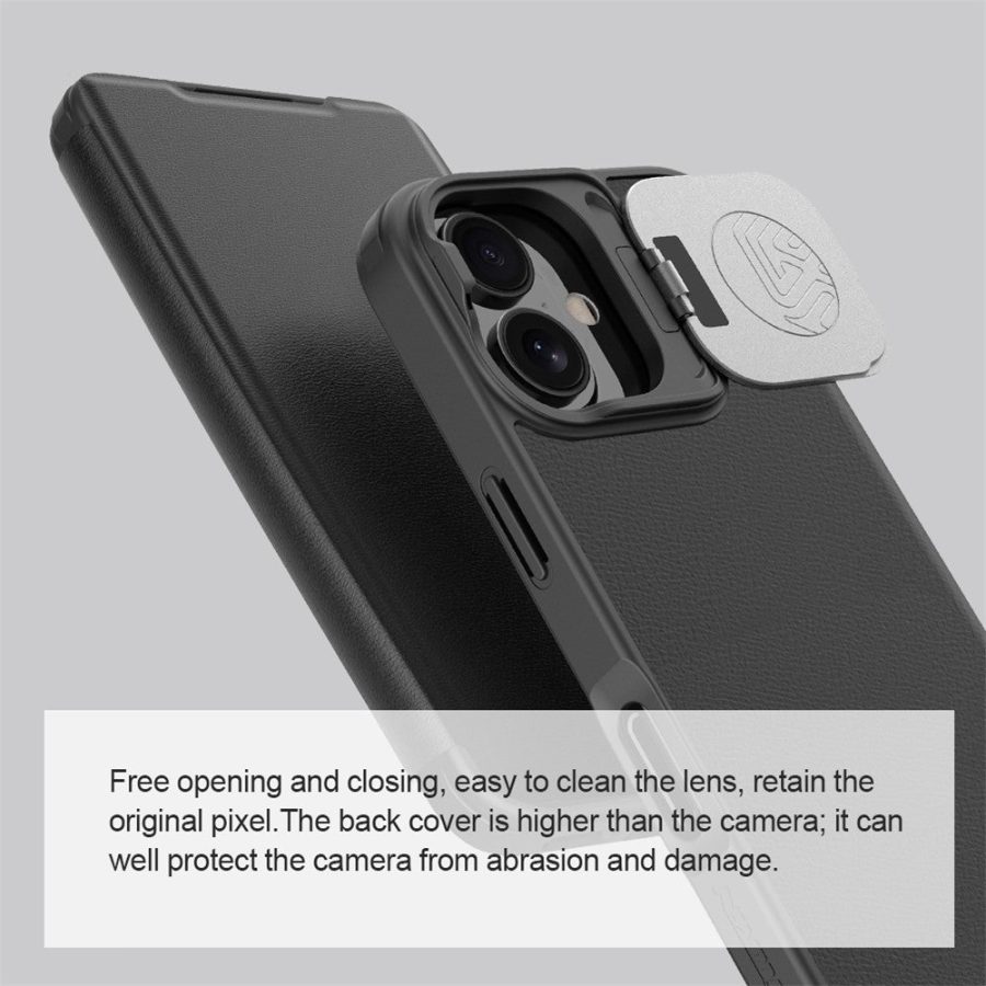 6601117785A-9 NILLKIN Qin Prop Series for iPhone 16 Leather Case Lens Kickstand Phone Cover