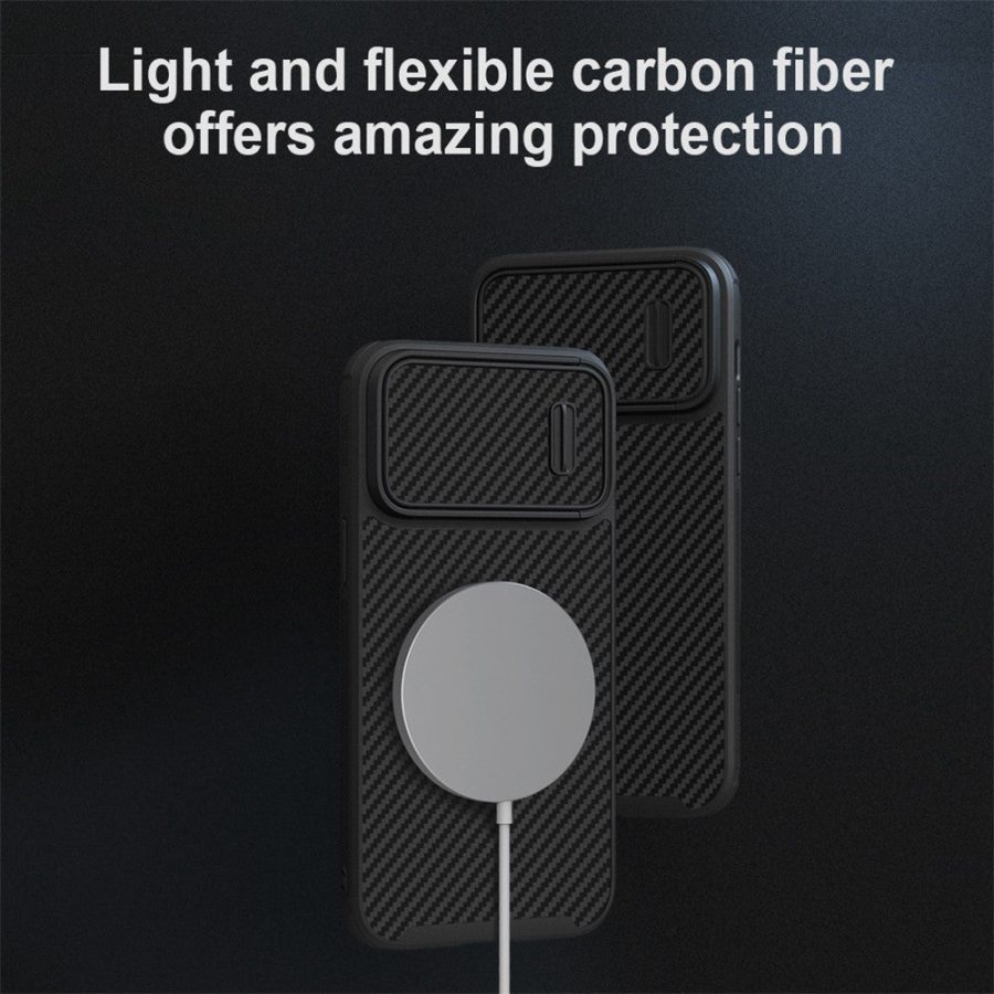NILLKIN For iPhone 14 Pro Max Carbon Fiber Phone Case Slide Camera Protection PC - TPU Cover Compatible with MagSafe