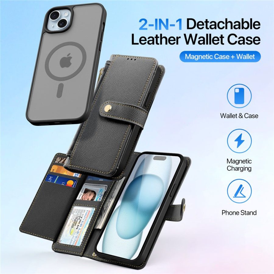 6601130605A-3 DUX DUCIS For iPhone 15 Plus Case Lawa Series Detachable Magnetic Cowhide Leather Cover Zipper Wallet
