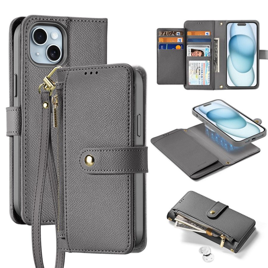 6601130605B-1 DUX DUCIS For iPhone 15 Plus Case Lawa Series Detachable Magnetic Cowhide Leather Cover Zipper Wallet