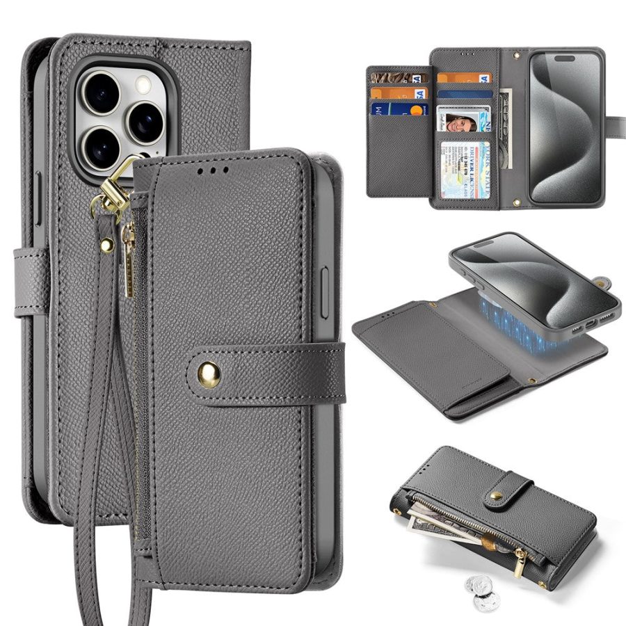 DUX DUCIS For iPhone 15 Pro Max Case Lawa Series Detachable Magnetic Cowhide Leather Cover Zipper Wallet