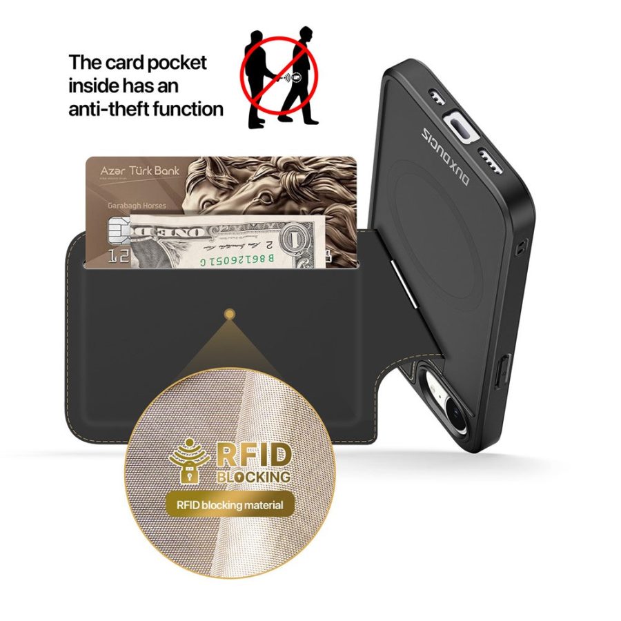 6601142517A-7 DUX DUCIS For iPhone 17e / 16e Magnetic Case Rafi II Series Leather Back Cover with RFID Blocking Card Slots