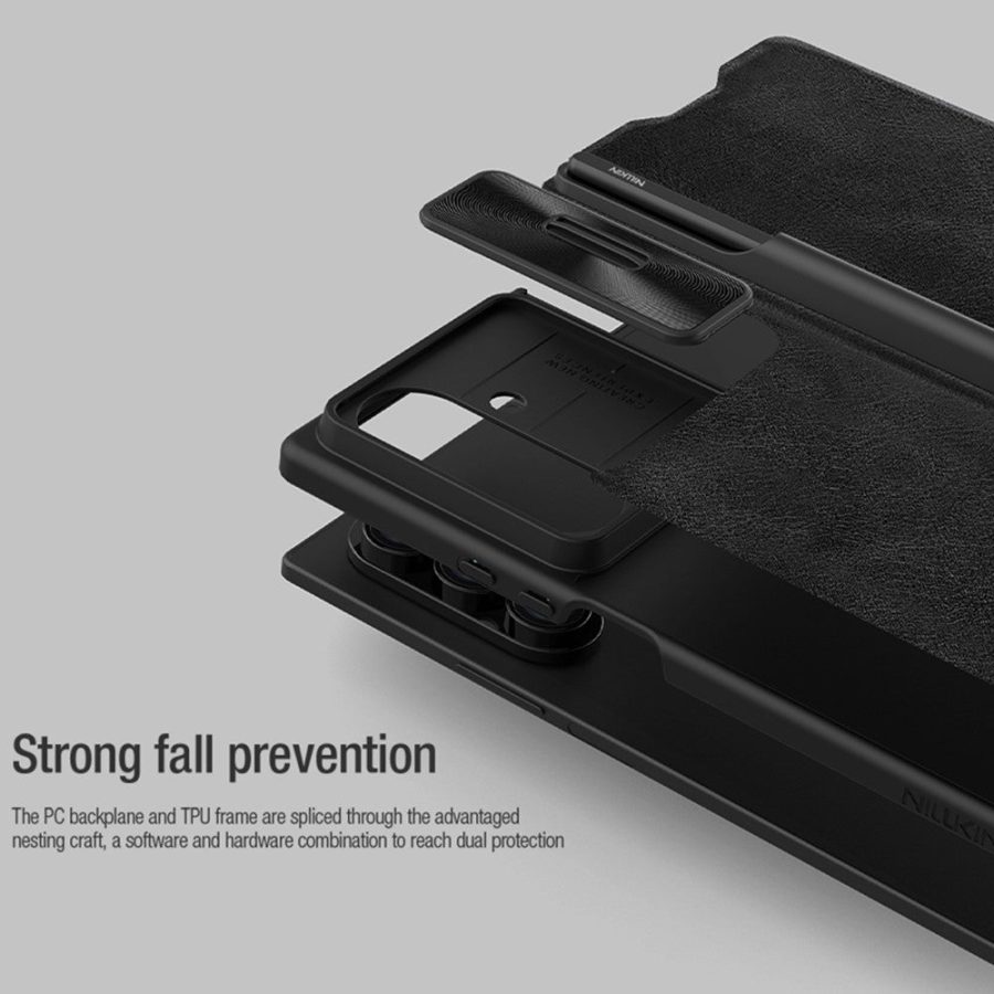 6601171017A-12 NILLKIN Qin Pro Series for Samsung Galaxy Z Fold7 Case Vegan Leather Phone Cover with Built-in Stylus / Card Slots