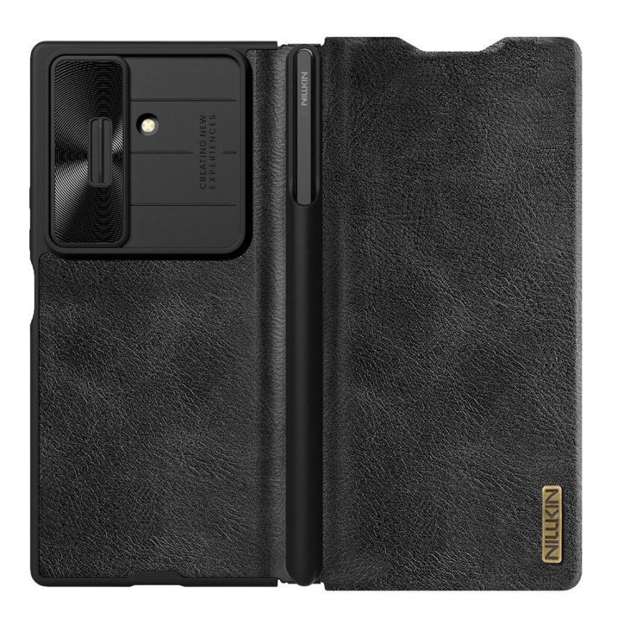 6601171017A-2 NILLKIN Qin Pro Series for Samsung Galaxy Z Fold7 Case Vegan Leather Phone Cover with Built-in Stylus / Card Slots