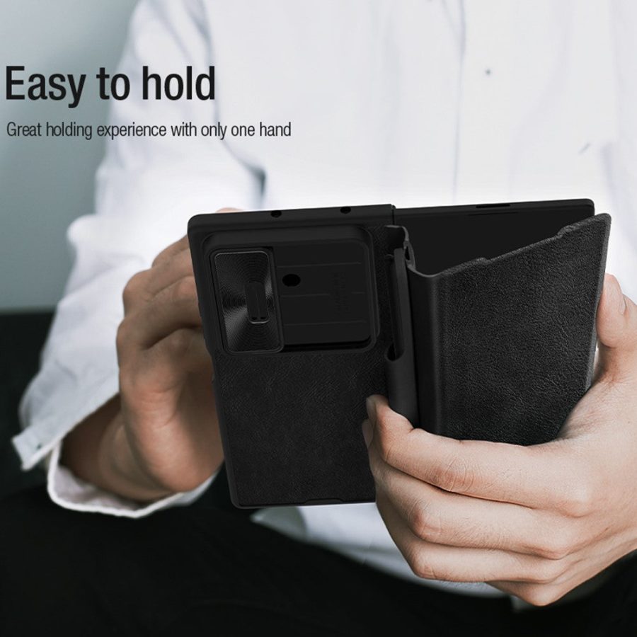 6601171017A-9 NILLKIN Qin Pro Series for Samsung Galaxy Z Fold7 Case Vegan Leather Phone Cover with Built-in Stylus / Card Slots