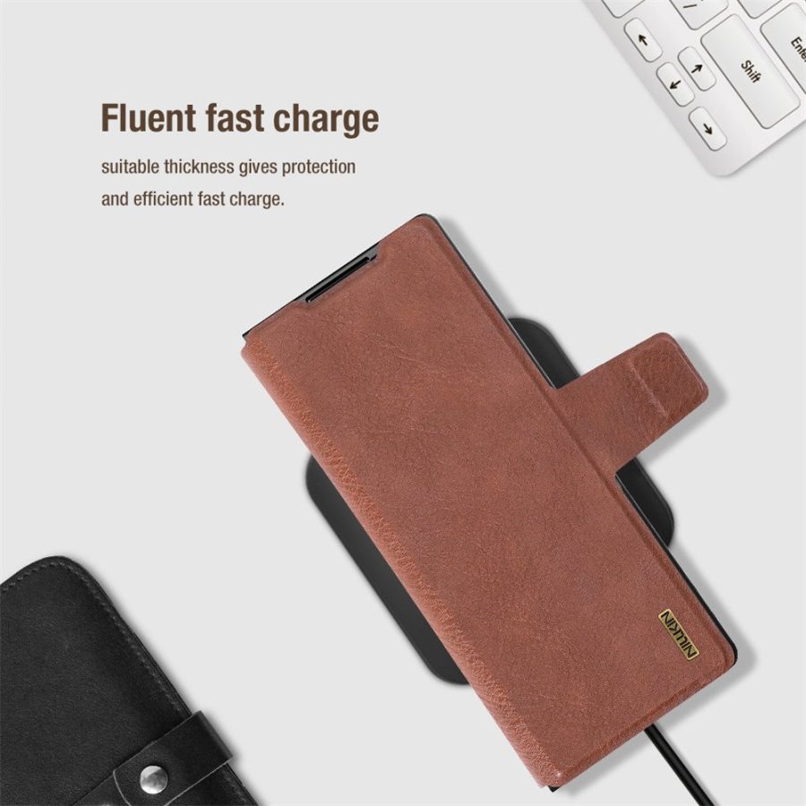 6601171020A-10 NILLKIN For Samsung Galaxy Z Fold7 Case Vegan Leather Kickstand Phone Cover with Stylus Slot / Card Slot