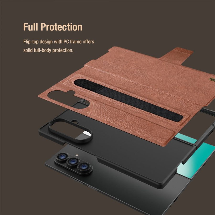 6601171020A-11 NILLKIN For Samsung Galaxy Z Fold7 Case Vegan Leather Kickstand Phone Cover with Stylus Slot / Card Slot