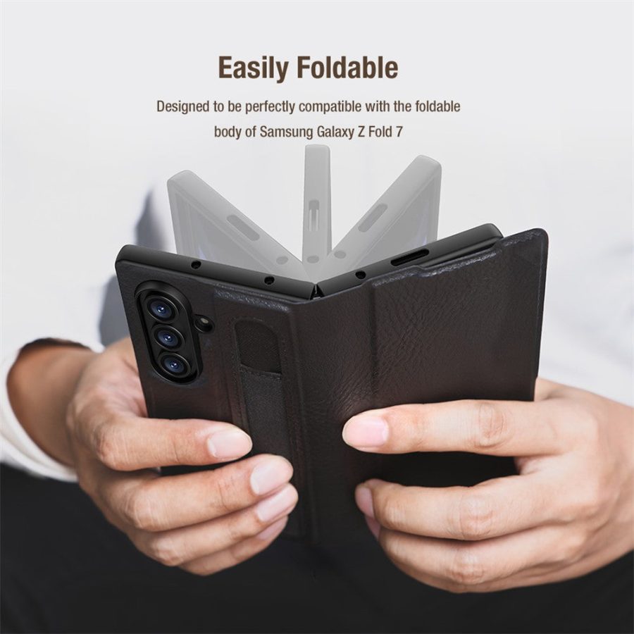 6601171020A-7 NILLKIN For Samsung Galaxy Z Fold7 Case Vegan Leather Kickstand Phone Cover with Stylus Slot / Card Slot