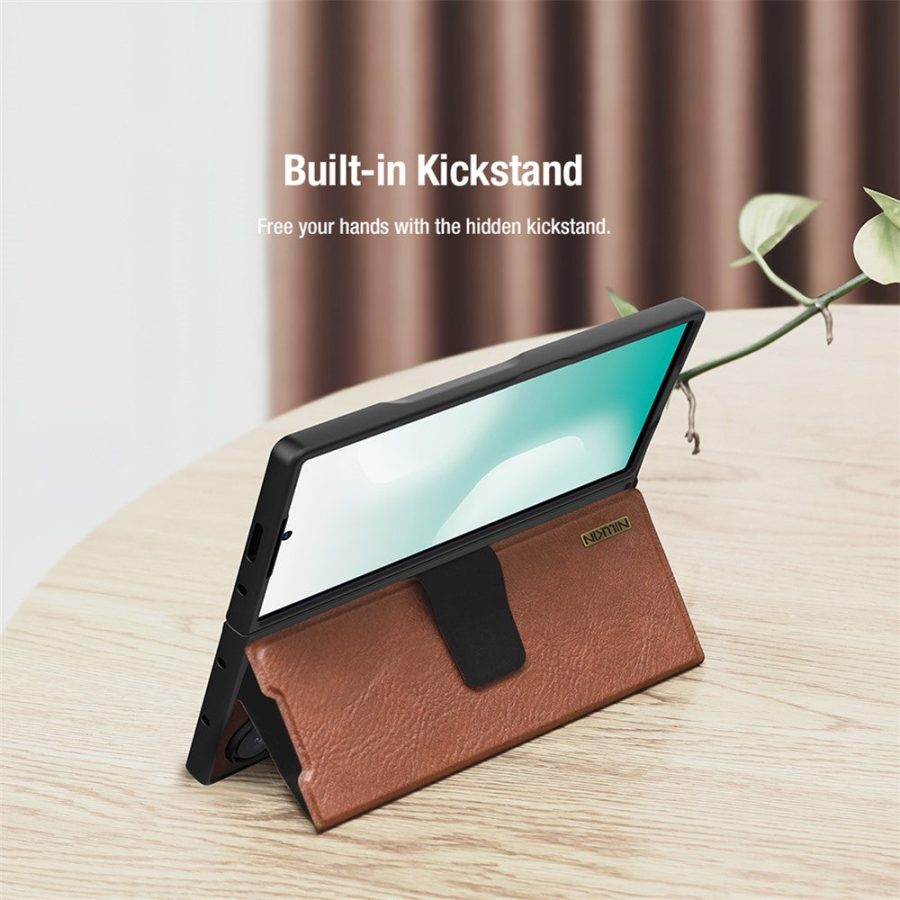 6601171020A-8 NILLKIN For Samsung Galaxy Z Fold7 Case Vegan Leather Kickstand Phone Cover with Stylus Slot / Card Slot