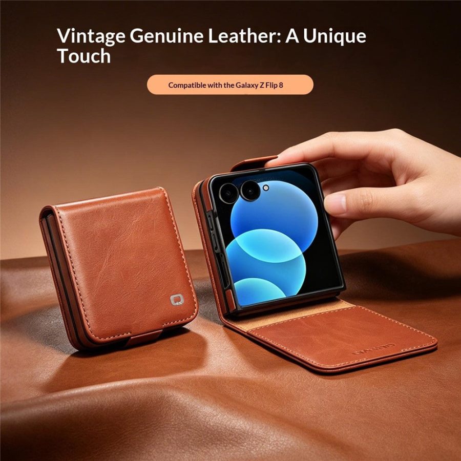 QIALINO For Samsung Galaxy Z Flip8 Case Oil-Waxed Genuine Leather Flip Phone Cover With Card Slot