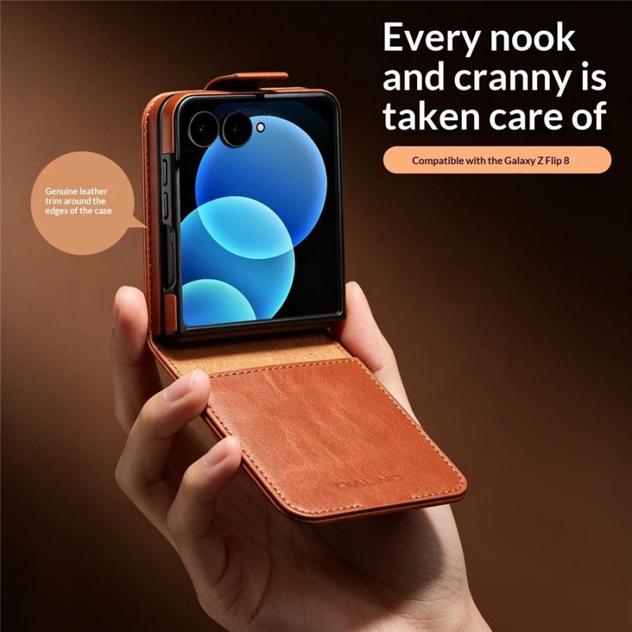 QIALINO For Samsung Galaxy Z Flip8 Case Oil-Waxed Genuine Leather Flip Phone Cover With Card Slot