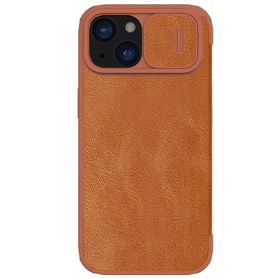 660154303A-1 NILLKIN Qin Pro Series for iPhone 15 Plus Slide Camera Lid PU Leather Phone Case Protective Cover with Card Slot
