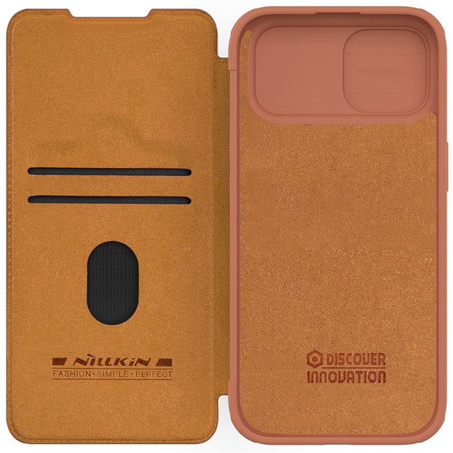 NILLKIN Qin Pro Series for iPhone 15 Plus Slide Camera Lid PU Leather Phone Case Protective Cover with Card Slot