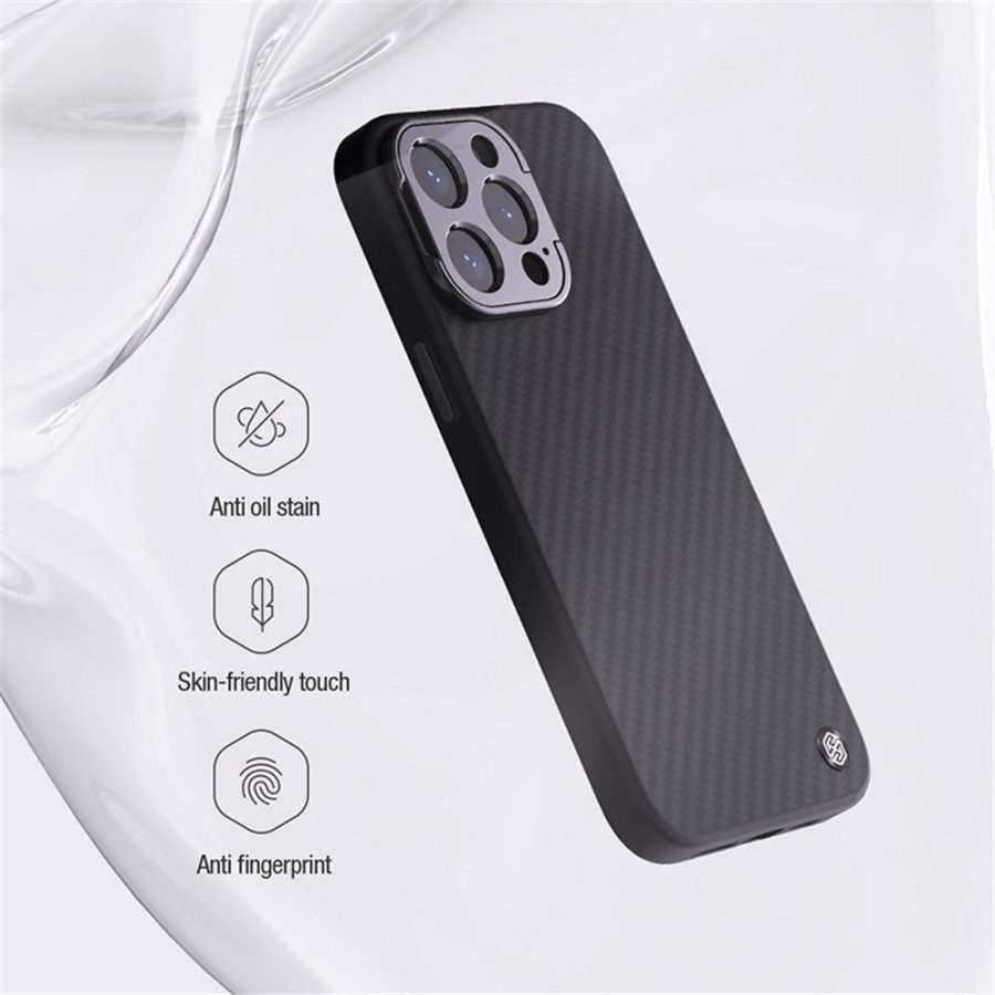 660159933A-6 NILLKIN Carboprof Phone Case for iPhone 15 Pro Camera Kickstand TPU - Aramid Fiber Cover Compatible with MagSafe