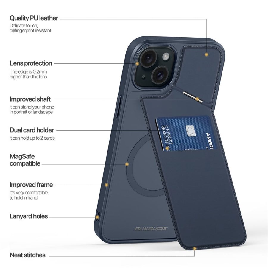 660173177A-2 DUX DUCIS Rafi II Series for iPhone 15 Plus Kickstand Case Magnetic Phone Cover Card Holder