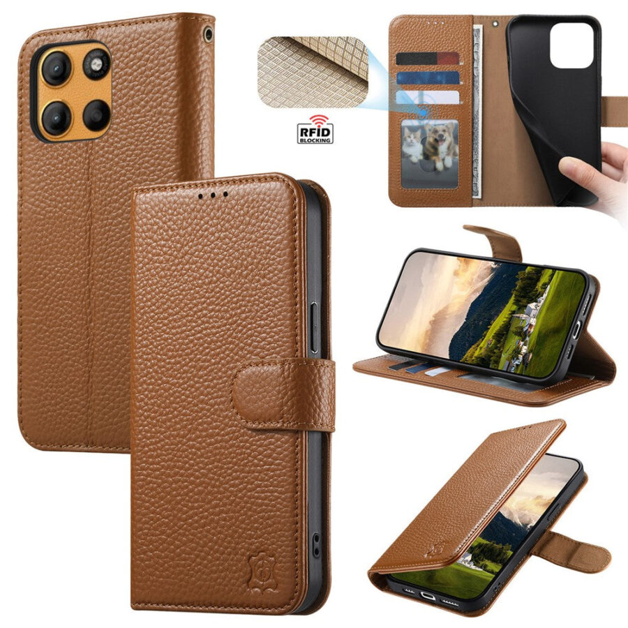 6601237924A-1 Split Leather Flip Cover For Motorola Moto G86 / Moto G86 Power Case RFID Blocking Wallet with Magnetic Clasp