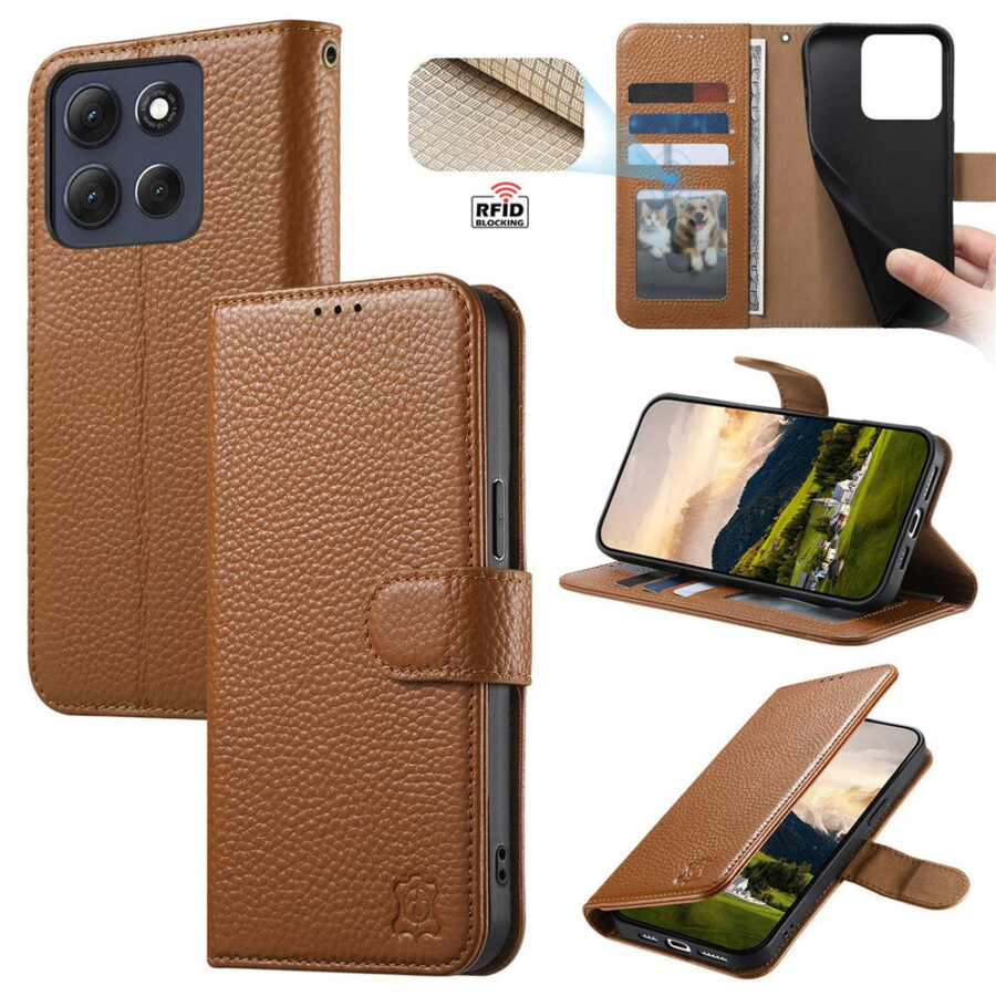 6601237926B-1 Split Leather Flip Cover For Motorola Moto G67 Power / Moto G57 Power Case RFID Blocking Wallet with Magnetic Clasp