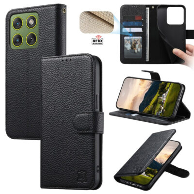 6601237927A-1 Split Leather Flip Cover For Motorola Moto G77 / Moto G67 Case RFID Blocking Wallet with Magnetic Clasp