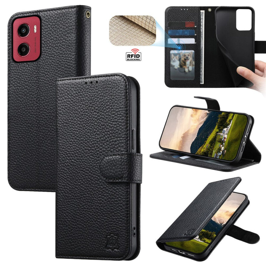 6601237928B-1 Split Leather Flip Cover For Motorola Moto G06 / Moto G06 Power Case RFID Blocking Wallet with Magnetic Clasp