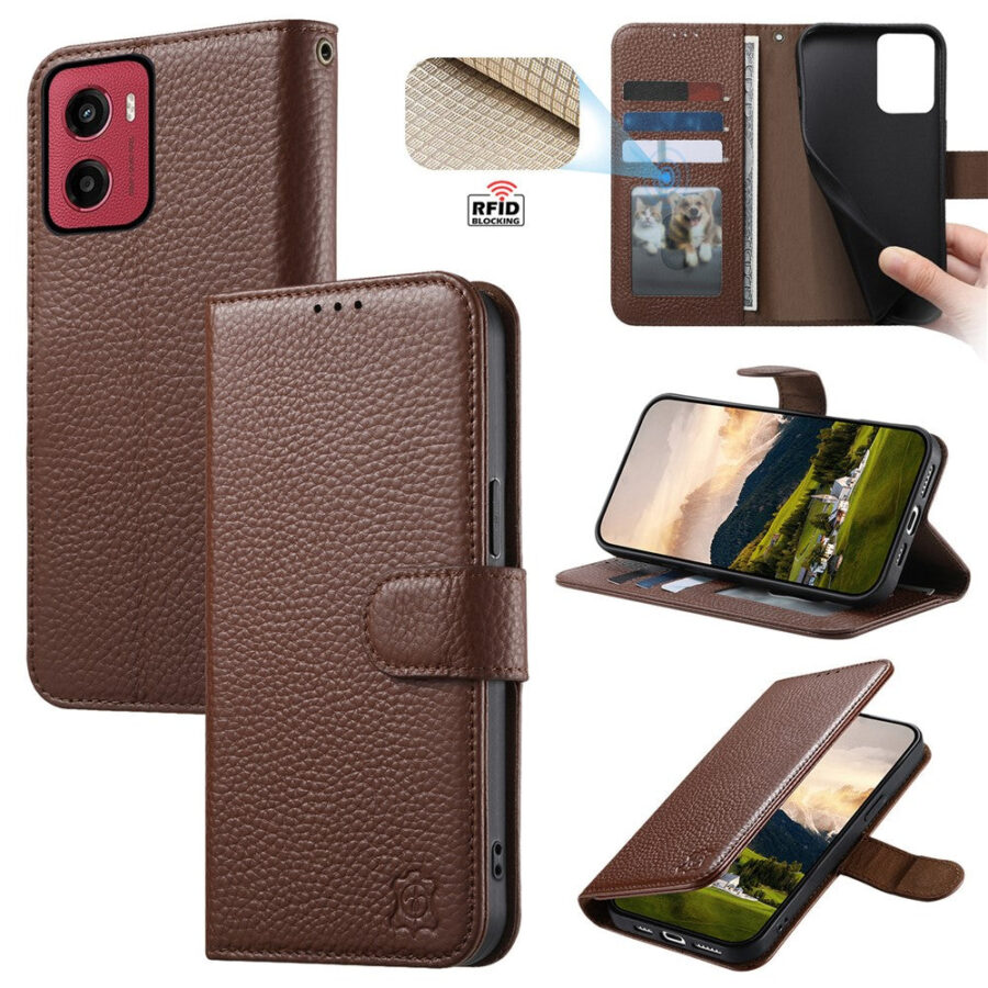 6601237928C-1 Split Leather Flip Cover For Motorola Moto G06 / Moto G06 Power Case RFID Blocking Wallet with Magnetic Clasp