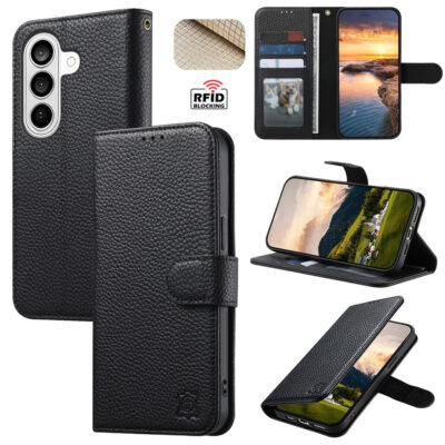 6601237933C-1 Split Leather Flip Cover For Samsung Galaxy S25+ Case RFID Blocking Wallet with Magnetic Clasp