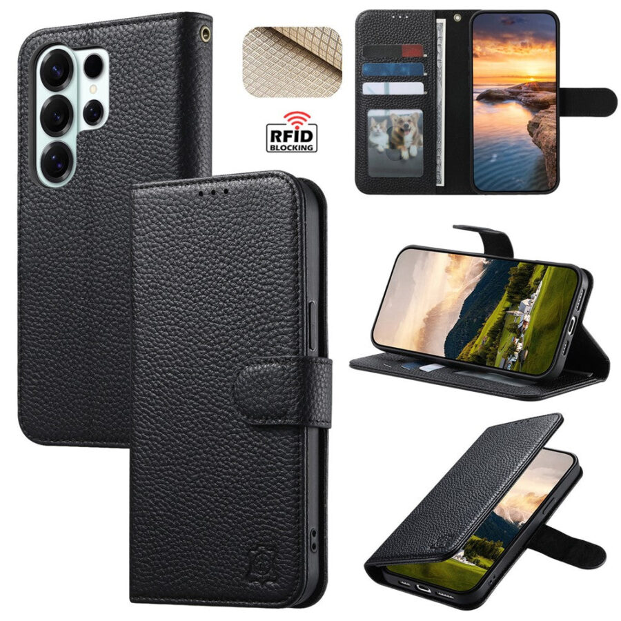 Split Leather Flip Cover For Samsung Galaxy S25 Ultra Case RFID Blocking Wallet with Magnetic Clasp