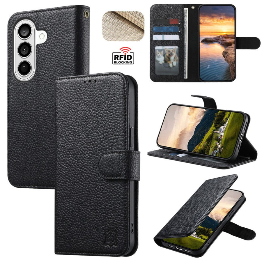 6601237939A-1 Split Leather Flip Cover For Samsung Galaxy A37 / A36 / A56 Case RFID Blocking Wallet with Magnetic Clasp